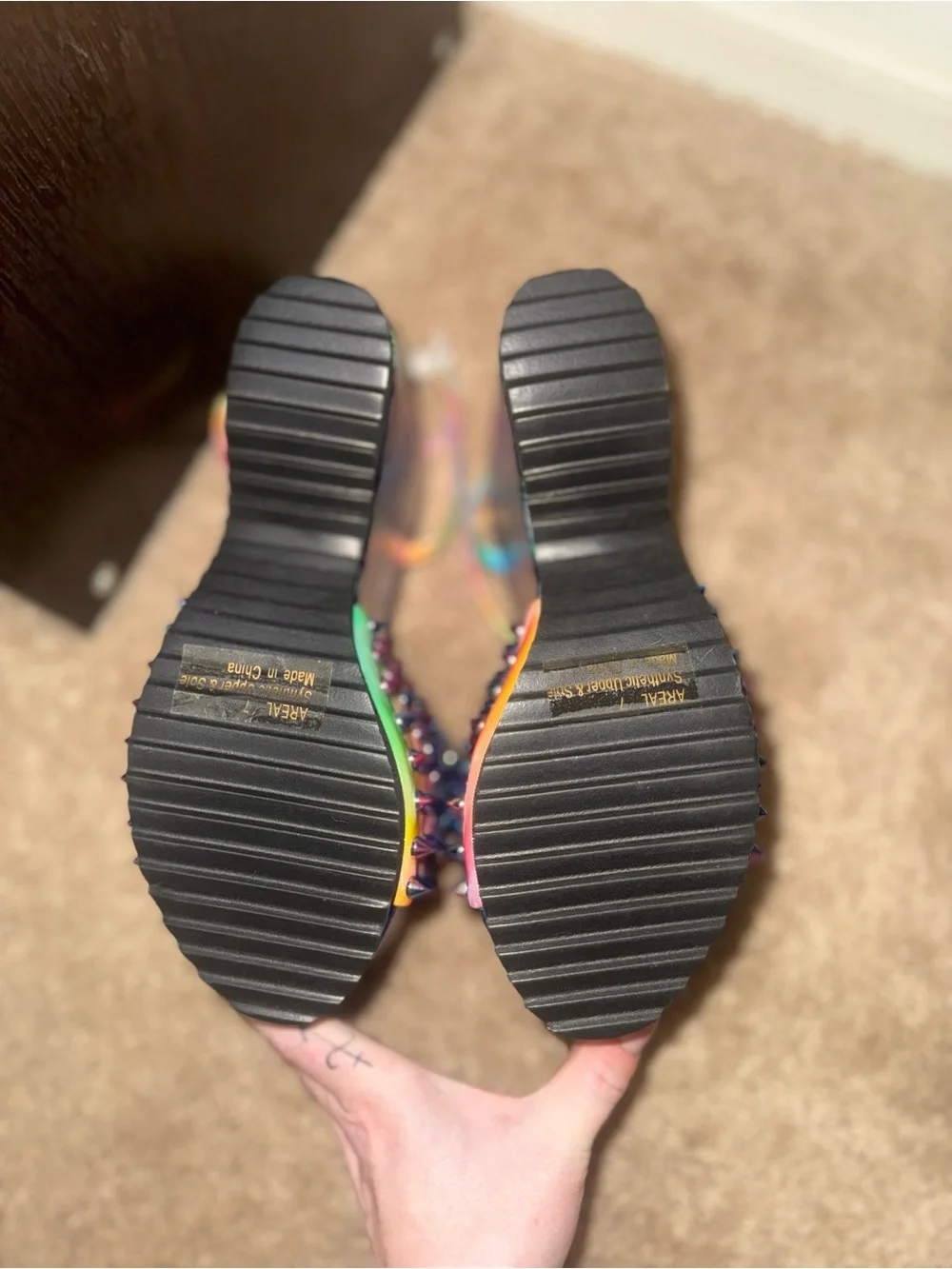Dolls Kill Privileged Rainbow Studded Green Iridescent Platform Sandals